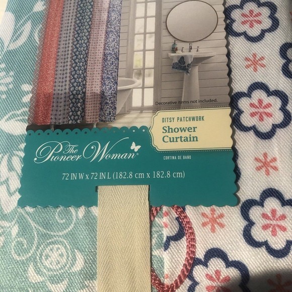 Pioneer Woman Ditsy Patchwork Shower Curtain! 72x72 Blue Aqua & White - Picture 7 of 7